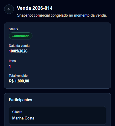 Venda do acompanhamento de Clara, com cliente, serviço contratado e valor. Visualização real no celular.