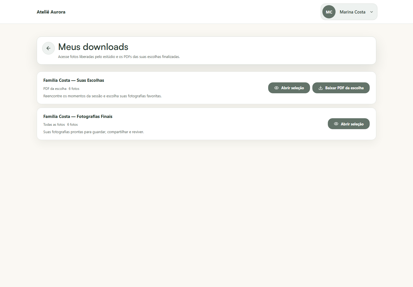 Área de downloads de Marina no Portal do Cliente, personalizado como Ateliê Aurora.
