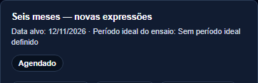 Seis meses — novas expressões: etapa agendado do planejamento de Clara no Fotivo Premium.