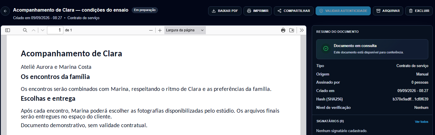 Documento demonstrativo de Clara, em preparação, e resumo no Fotivo Premium.