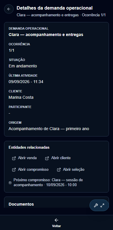 Demanda de produção de Clara com vínculos, documento e entregas. Visualização real no celular.