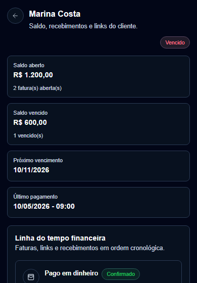 Ficha financeira de Marina: recebimento registrado, saldo em aberto e vencimentos. Visualização real no celular.