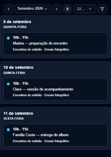Agenda do estúdio com preparação, sessão de Clara e entrega do álbum. Visualização real no celular.