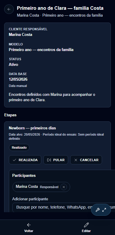 Planejamento do primeiro ano de Clara, com etapas e datas próprias. Visualização real no celular.