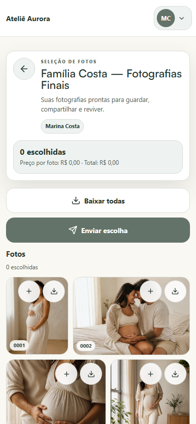 Galeria de fotografias finais com a opção de baixar os arquivos. Experiência real no celular.