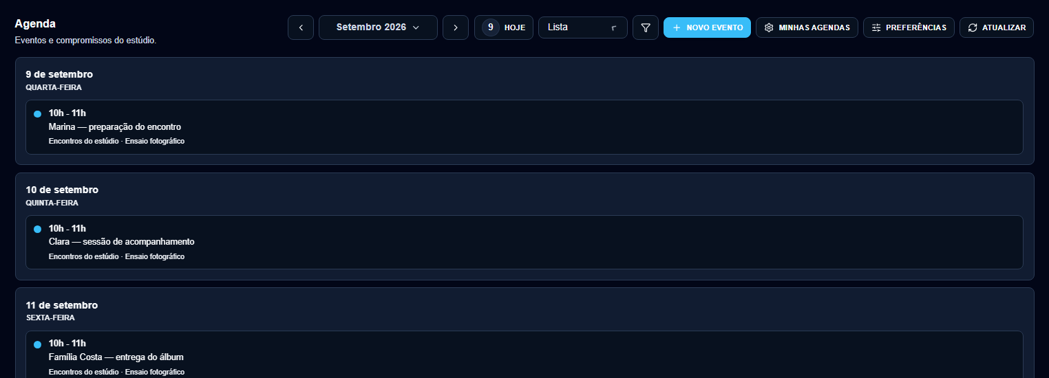 Agenda do estúdio com preparação, sessão de Clara e entrega do álbum.