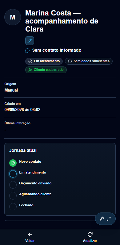 Atendimento de Marina organizado no Fotivo. Visualização real no celular.