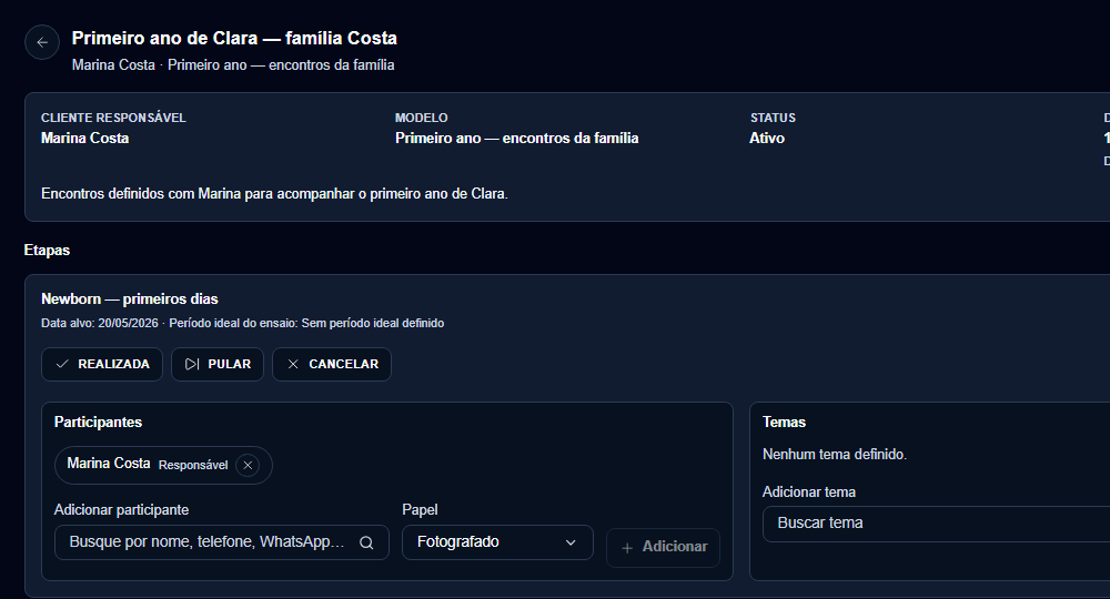 Primeiro ano de Clara, com contexto do planejamento e etapa newborn realizada.