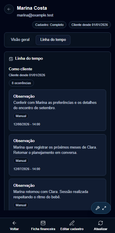 Histórico de Marina no Fotivo, com anotações dos encontros e preferências da família. Visualização real no celular.