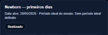 Newborn — primeiros dias: etapa realizado do planejamento de Clara no Fotivo Premium.