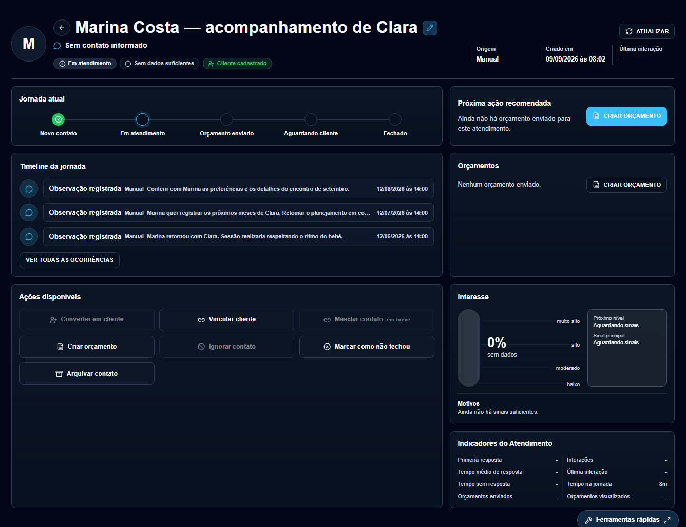Atendimento de Marina organizado no Fotivo.