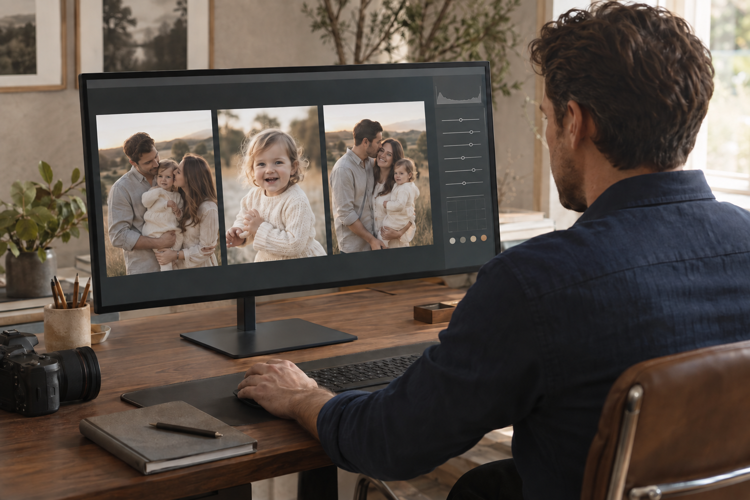 Imagem ilustrativa gerada por IA: fotógrafo retoma a edição com três retratos de família destacados em uma interface genérica.