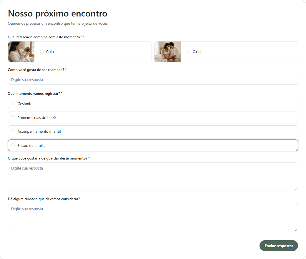 Briefing público de ensaio: participantes, momento, preferências e cuidados com a família.
