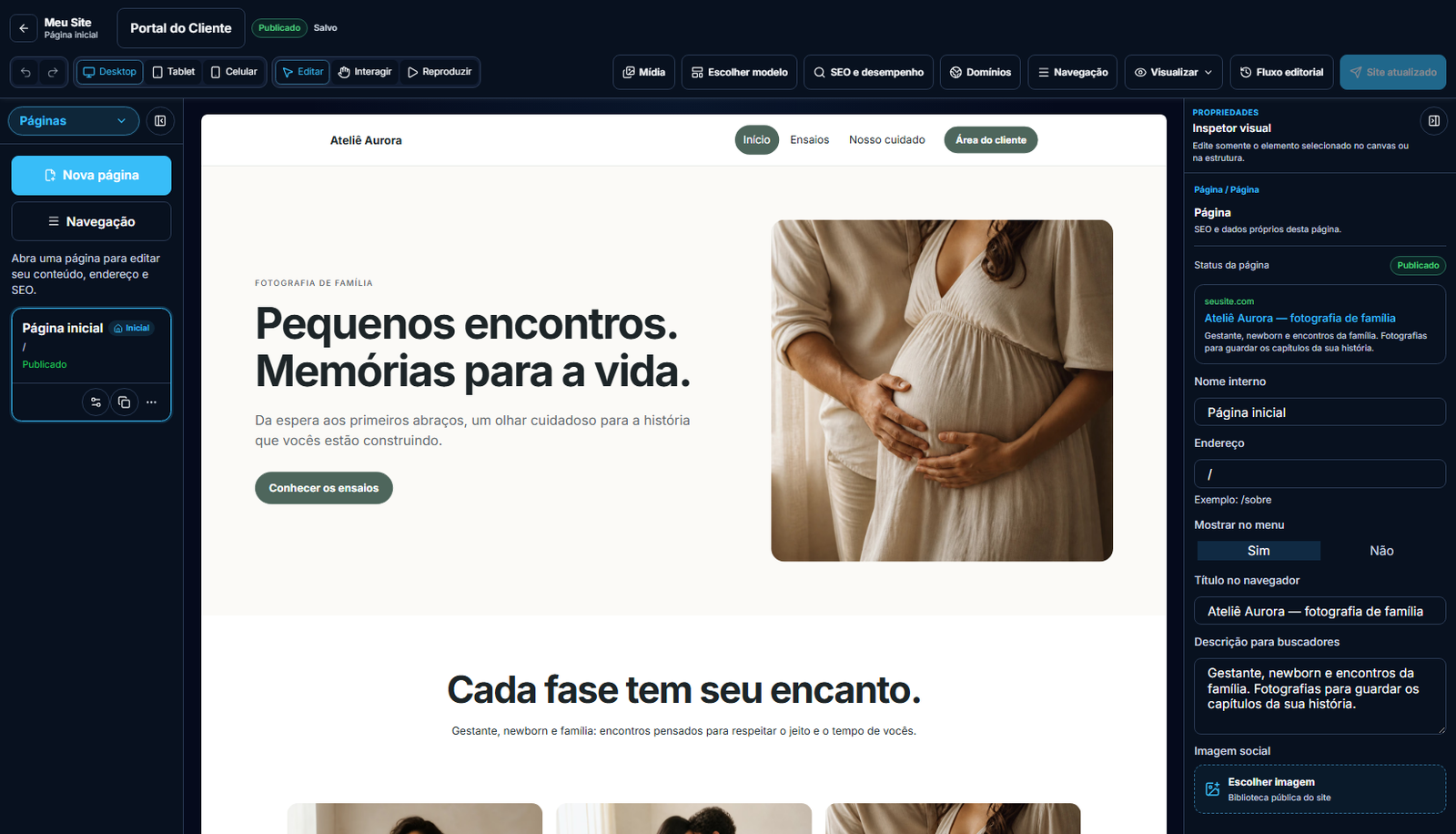 Edição do site do Ateliê Aurora no Site Builder real, na skin Premium.