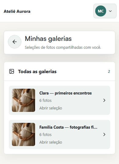 Portal do Ateliê Aurora no celular, com as galerias de Clara e da família Costa e suas miniaturas carregadas.
