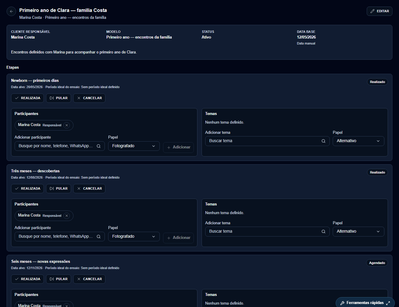 Planejamento do primeiro ano de Clara, com etapas e datas próprias.