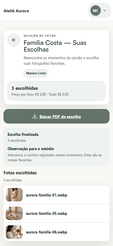 Seleção de fotos do Ateliê Aurora: Marina marcou três fotografias da família. Experiência real no celular.