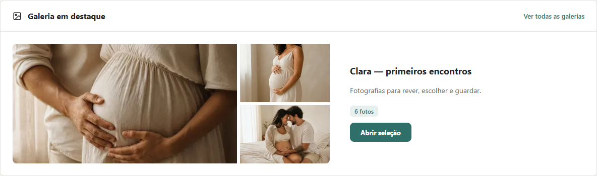 Galeria em destaque da família Costa no Portal do Cliente, com três fotografias carregadas e acesso à seleção.