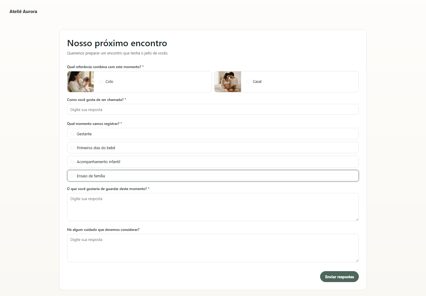 Formulário antes do encontro, com referências fotográficas e perguntas à família.