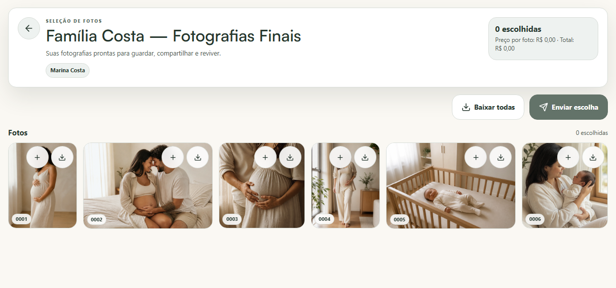 Galeria de fotografias finais com a opção de baixar os arquivos.